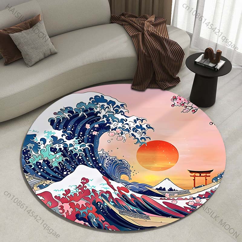 Japanese Home Textiles - Retro Japońskie Fale Kanagawa Okrągły Dywan